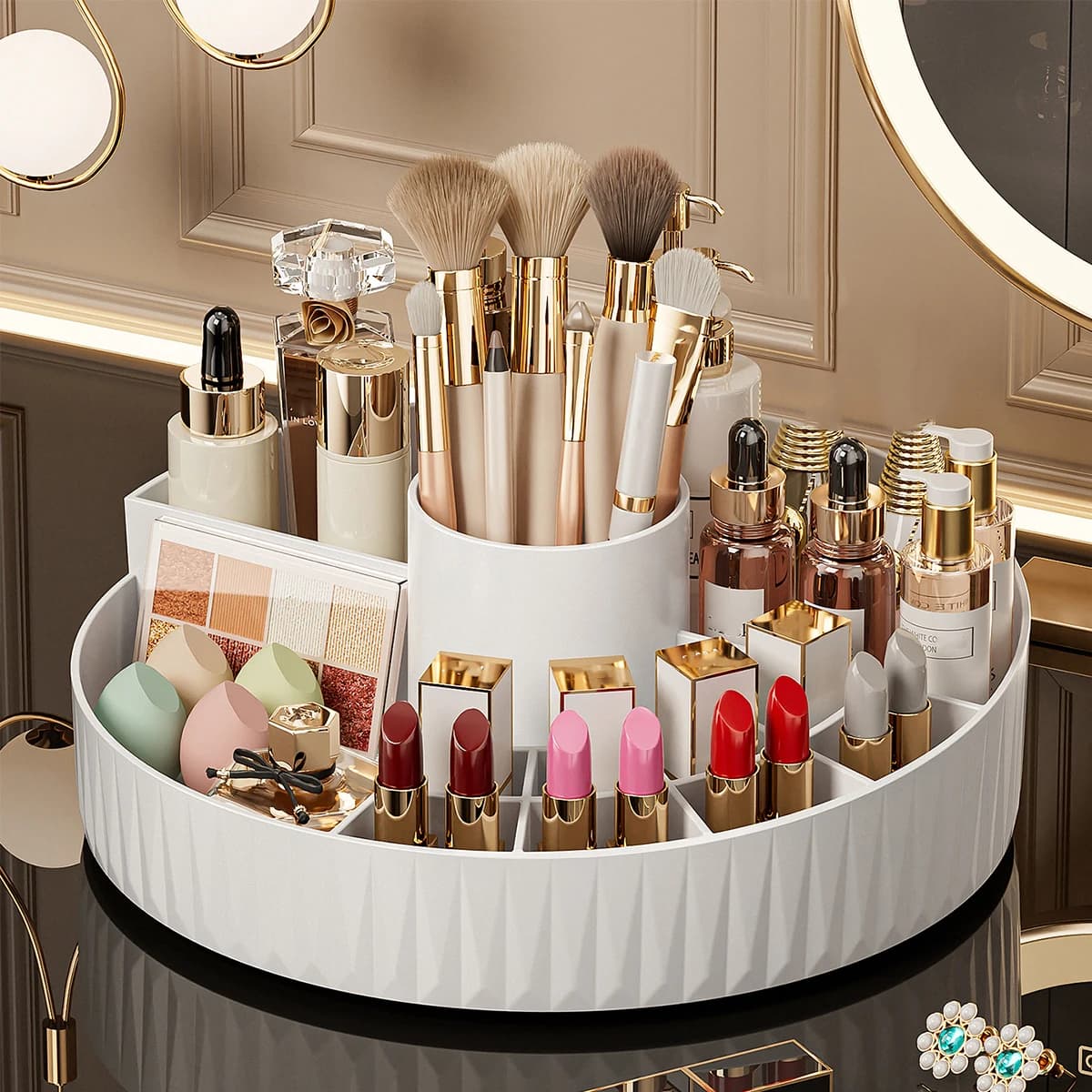 Swivel Cosmetic Box, Multi-Disappearing Organizer for Lipsticks, Eyebrows and Brushes, Bathroom Skin Care Container