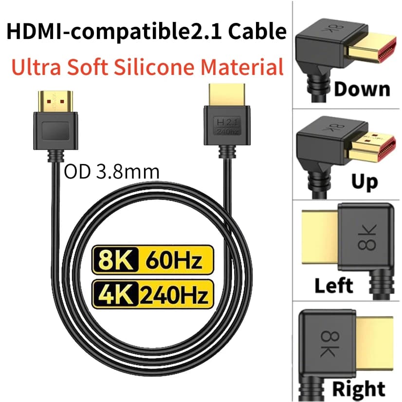 UHD cable 8K 60Hz 4K 240Hz/120Hz Silicone male-male compatible HDMI cable from 90 degrees for HDTV portable PC gaming monitor