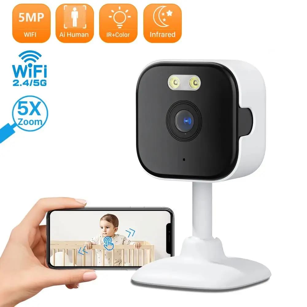 Telecamera di Sicurezza WiFi 2.4G/5G da 5MP per Monitoraggio Bambini, Audio Bidirezionale, Rilevamento Movimento 2MP