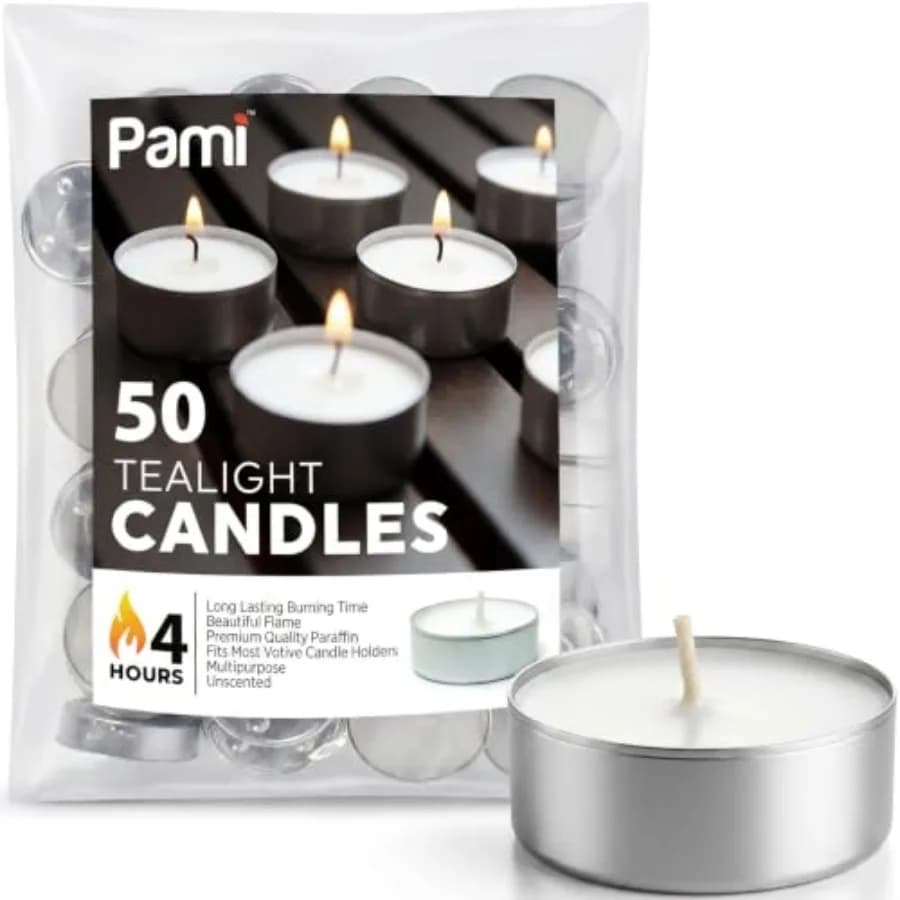 Premium Long-Lasting with 4 Hours Burning Time Tealight Candles [50-Pack] - Paraffin Tealights with Beautiful Flame- Round Cand