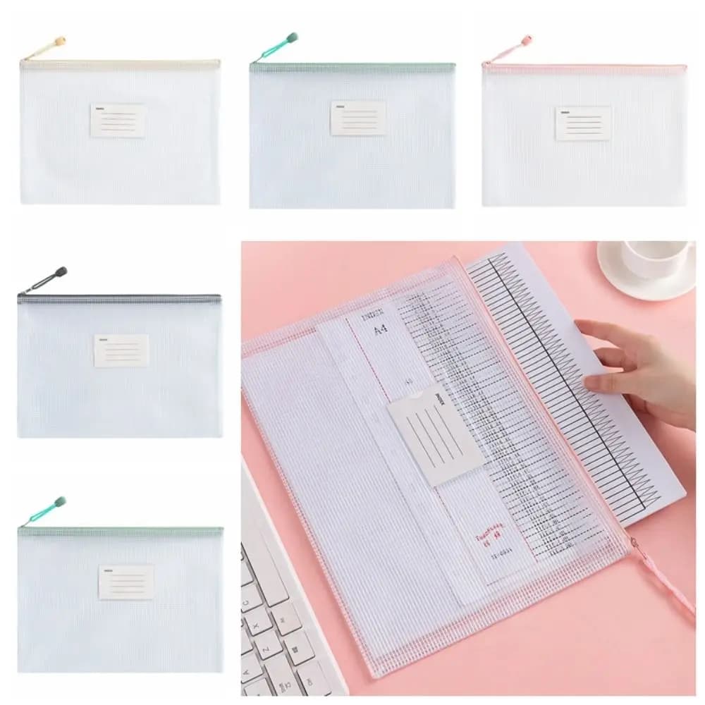Borsa per documenti in rete A4 in PVC resistente Borsa per informazioni addensata con cerniera Cartelle di file trasparenti impermeabili Forniture per ufficio scolastico