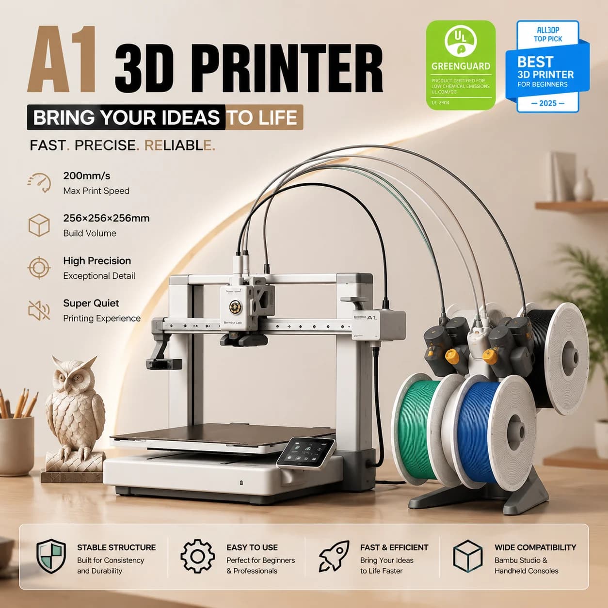 Bamboo Lab A1 Combo 3d Printer, Multi-Color AMS Lite System, High-Speed Printing 500mm/s, Auto-Calibration, Quiet Operation