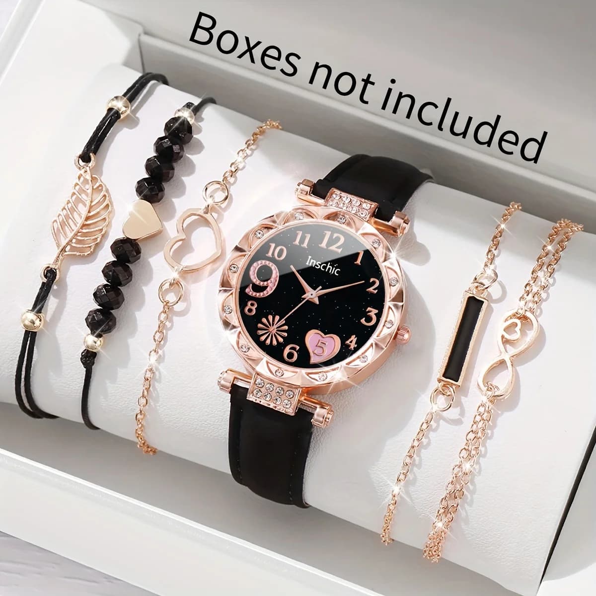 Quartz watch bracelet set with women's leather strap with heart dial with 6 piece luxury rhinestones (without box)