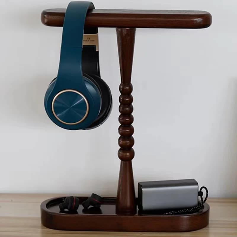 Supporto per cuffie a doppio gancio in legno massello supporto per cuffie da gioco staffa staccabile espositore per auricolari da tavolo con Base di archiviazione