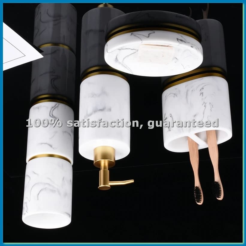 Set di Accessori per il Bagno, 5 Pezzi, Collezione con Motivo Marmorizzato, Dispenser di Sapone con Pompa, -AT35