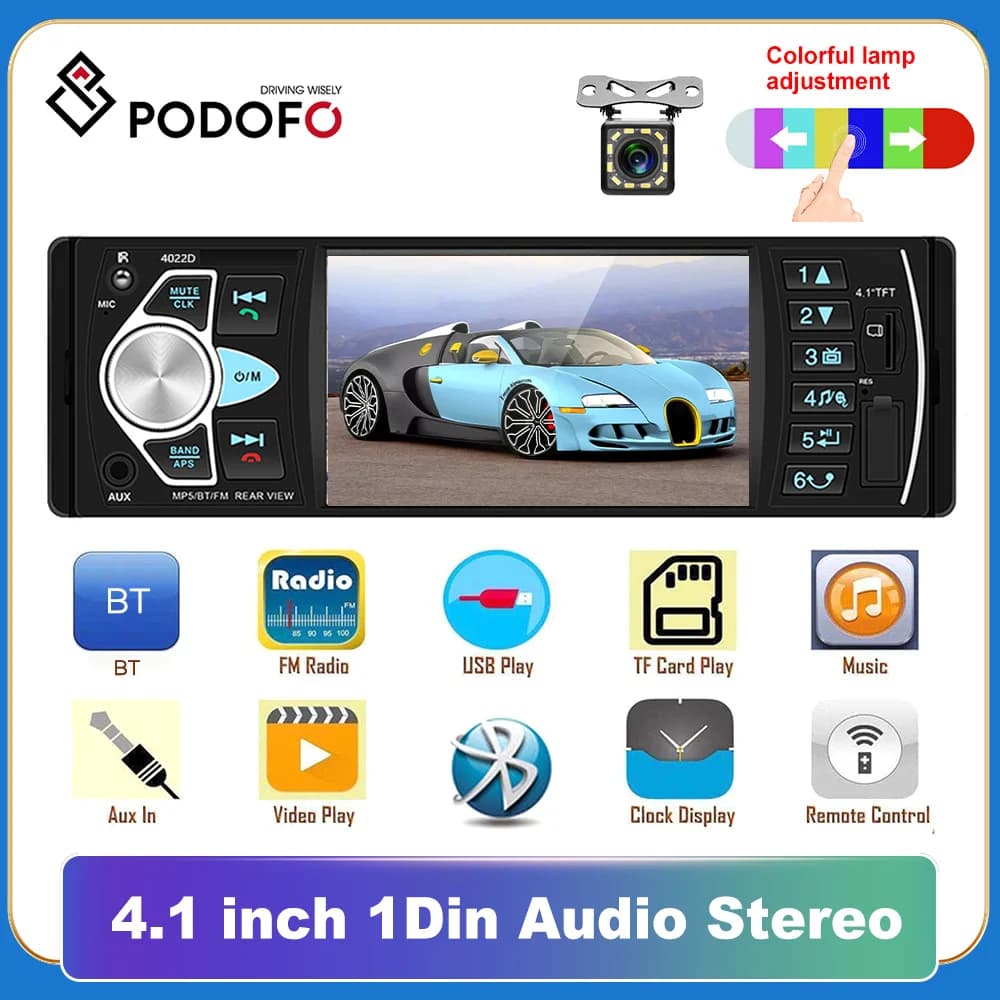 Podofo autoradio 1 din Car MP3 4.1 ''lettore Touch Screen HD con supporto ricevitore Radio FM Bluetooth TF/USB telecamera per retromarcia