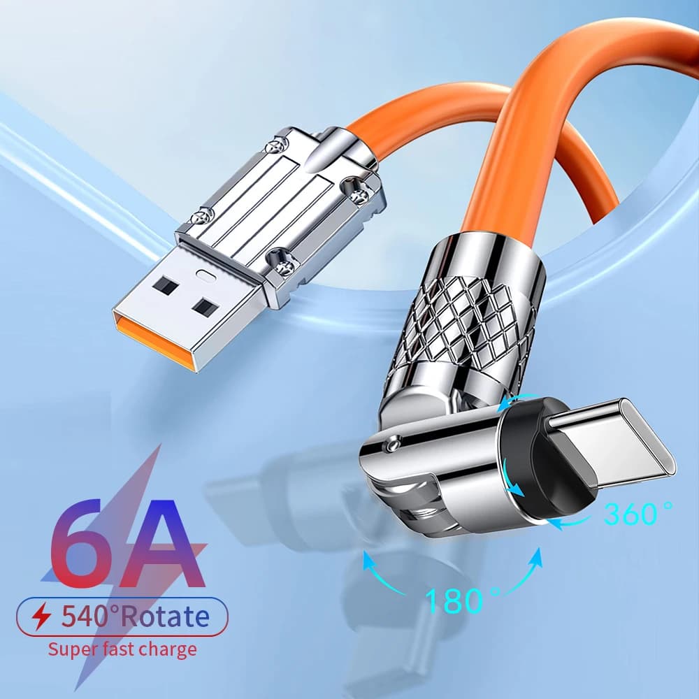 Cavo rotante di tipo C da 120W 6A 540 ° cavo in Silicone liquido di ricarica Super veloce per Huawei P40 P30 Xiaomi 14 13 Redmi Oneplus OPPO
