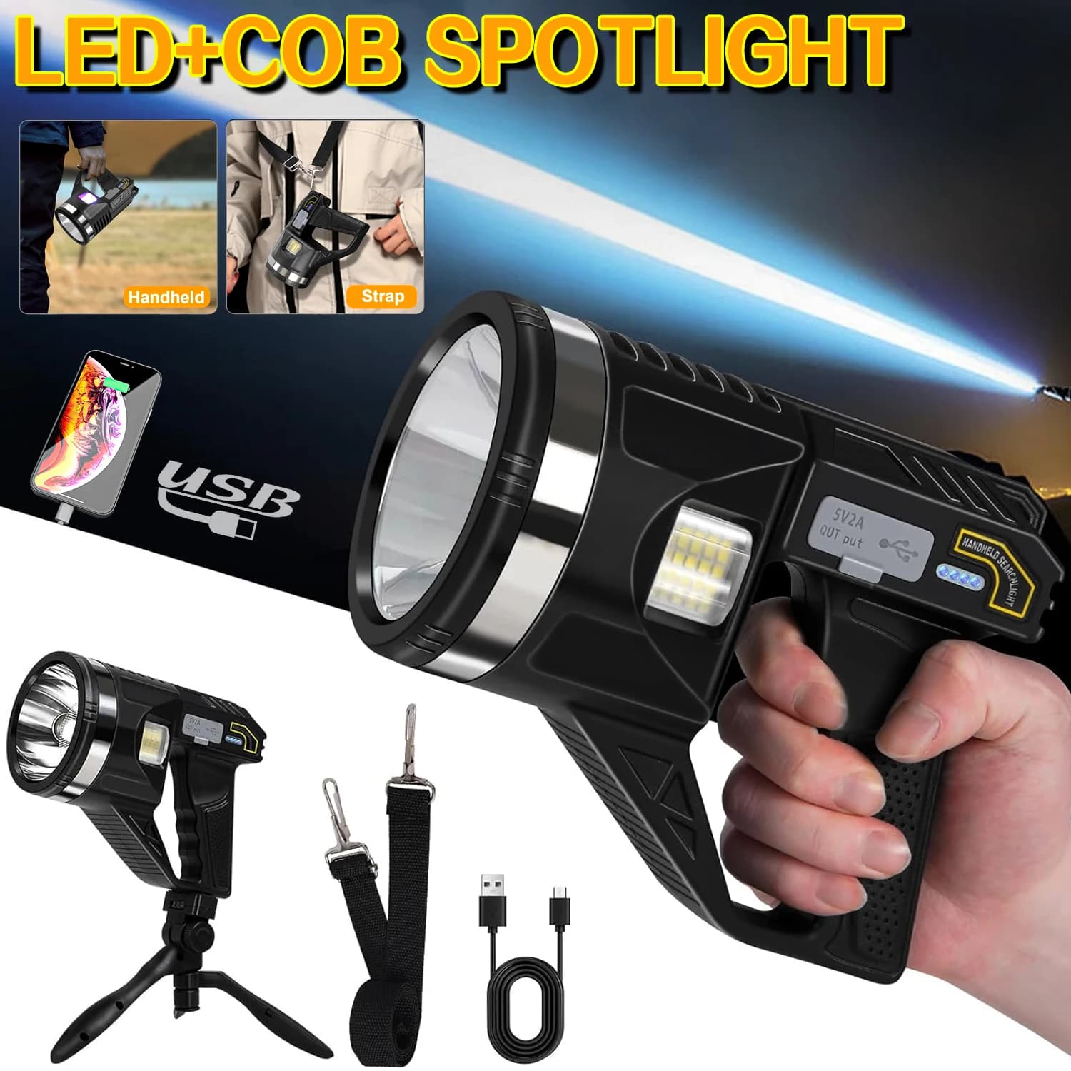 Portable Camping Flashlight with Strap Tripod USB Rechargeable LED+COB Spotlight Outdoor Powerbank Torch Waterproof Work Lantern