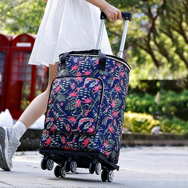 Carrello della spesa pieghevole, supporta 30 kg, 5 ruote girevoli, manico telescopico, borsa termica impermeabile in tessuto Oxford.