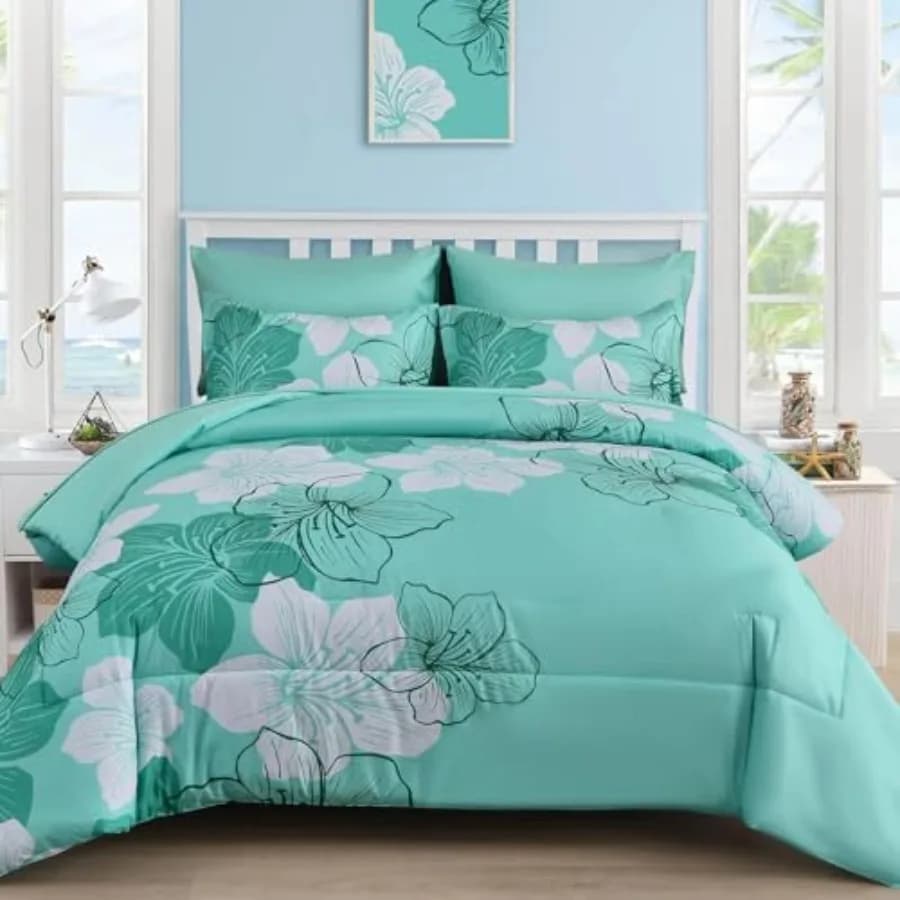 Set Copripiumino 7 Pezzi, Turchese Floreale, Set Completo di Lenzuola e Copripiumino, Morbida Microfibra, Set Completo per Letto Estivo
