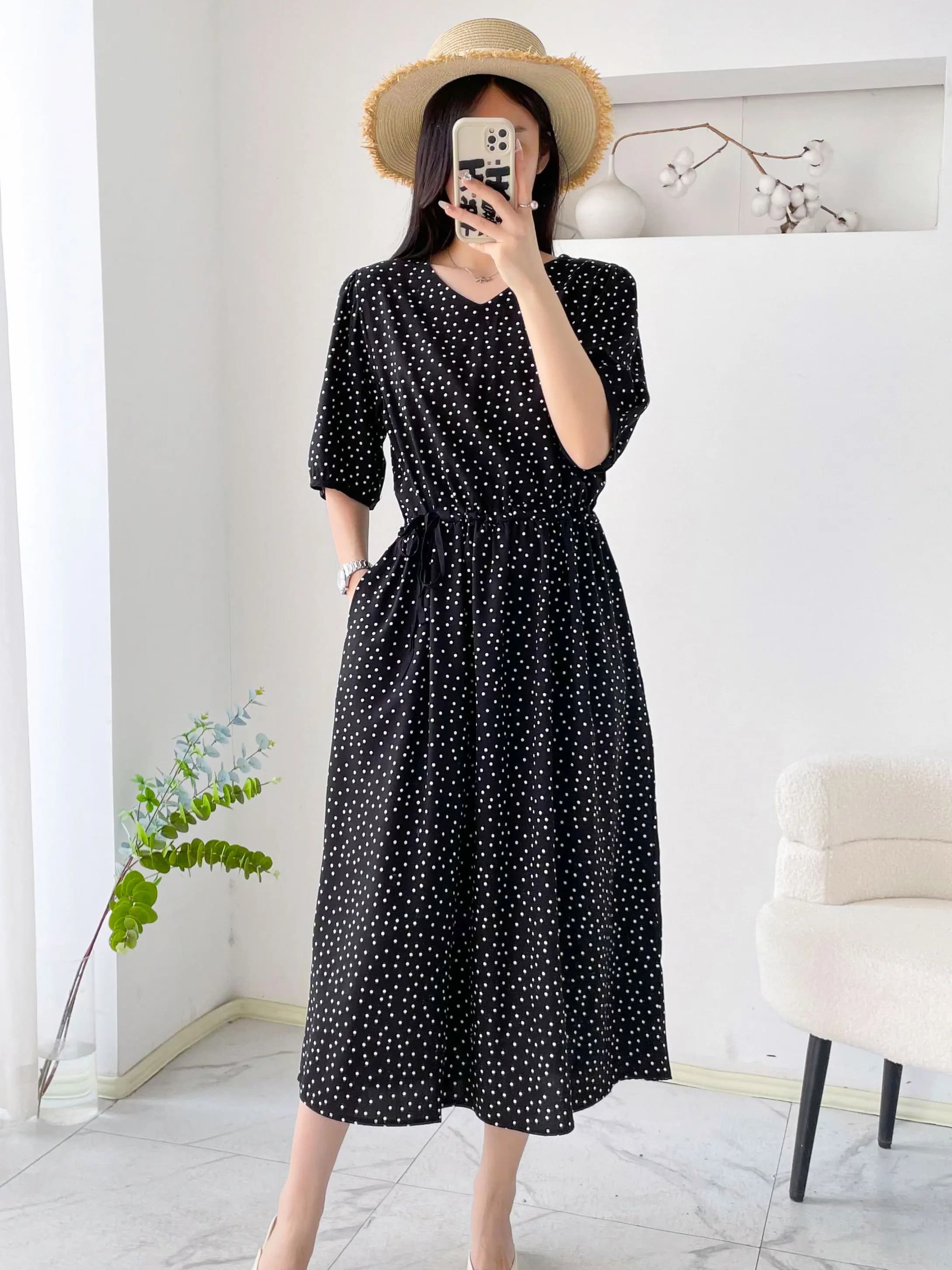 Summer New V-neck Slimming Large Size Cotton Silk Floral Dress Women's High Waist A-line Skirt Breathable Comfortable Short S...