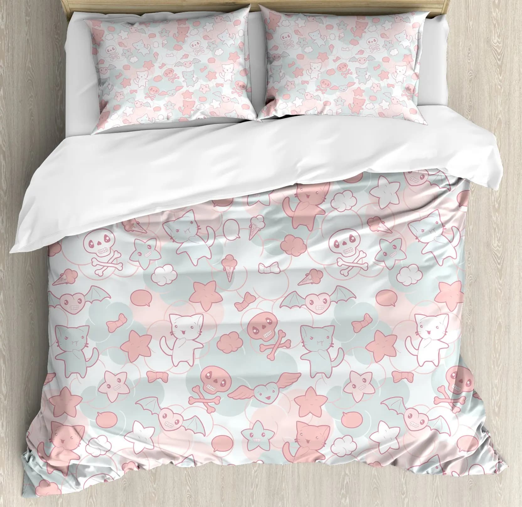 Set copripiumino per asilo nido Gatti in stile cartone animato Pipistrelli e teschi Set biancheria da letto matrimoniale di ispirazione giapponese Kawaii Design Queen Size per bambini