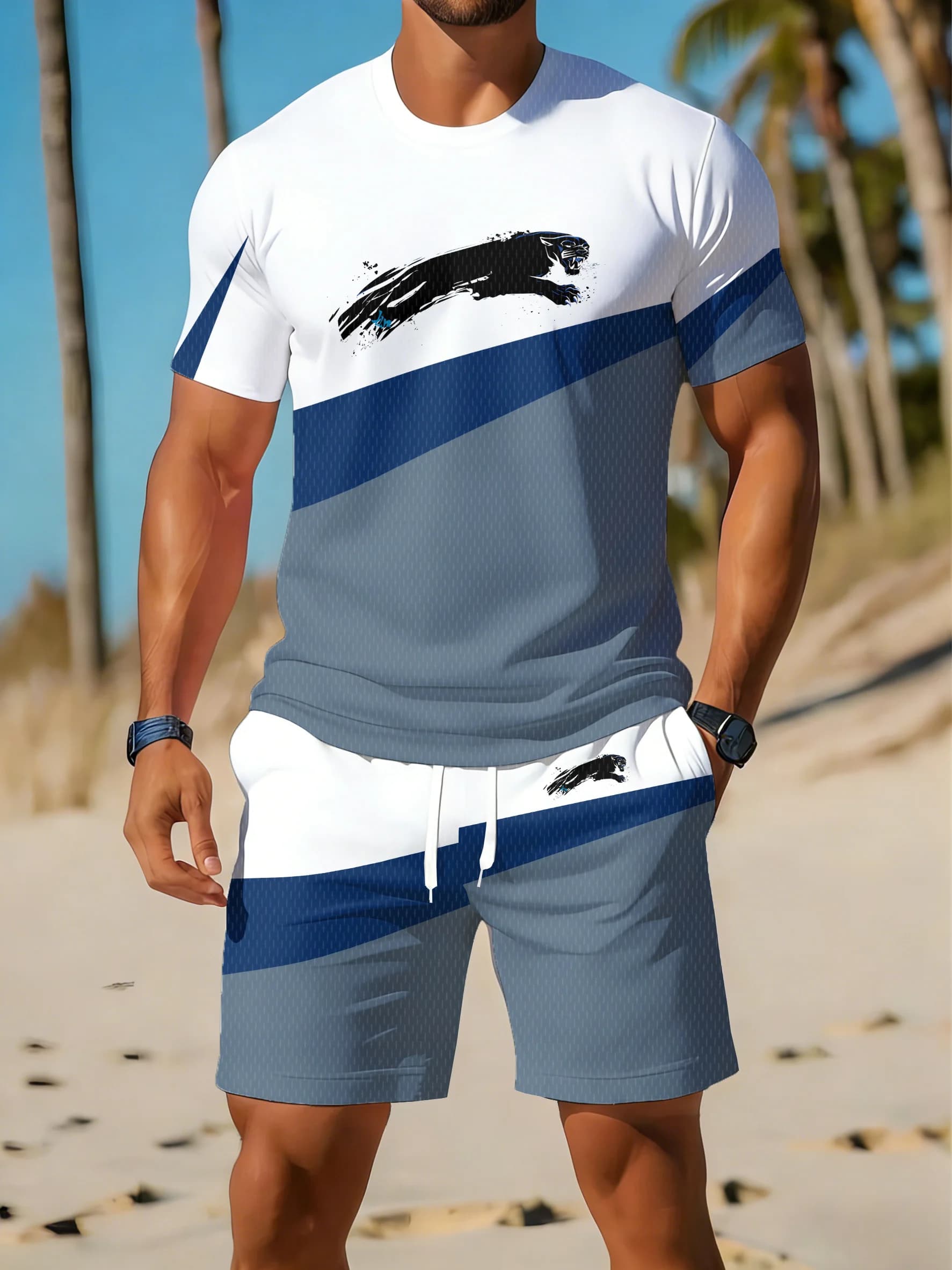 Men's White Brown Two-Piece Outfit Panther Print T-shirt and Shorts Casual Summer Tracksuit For Men
