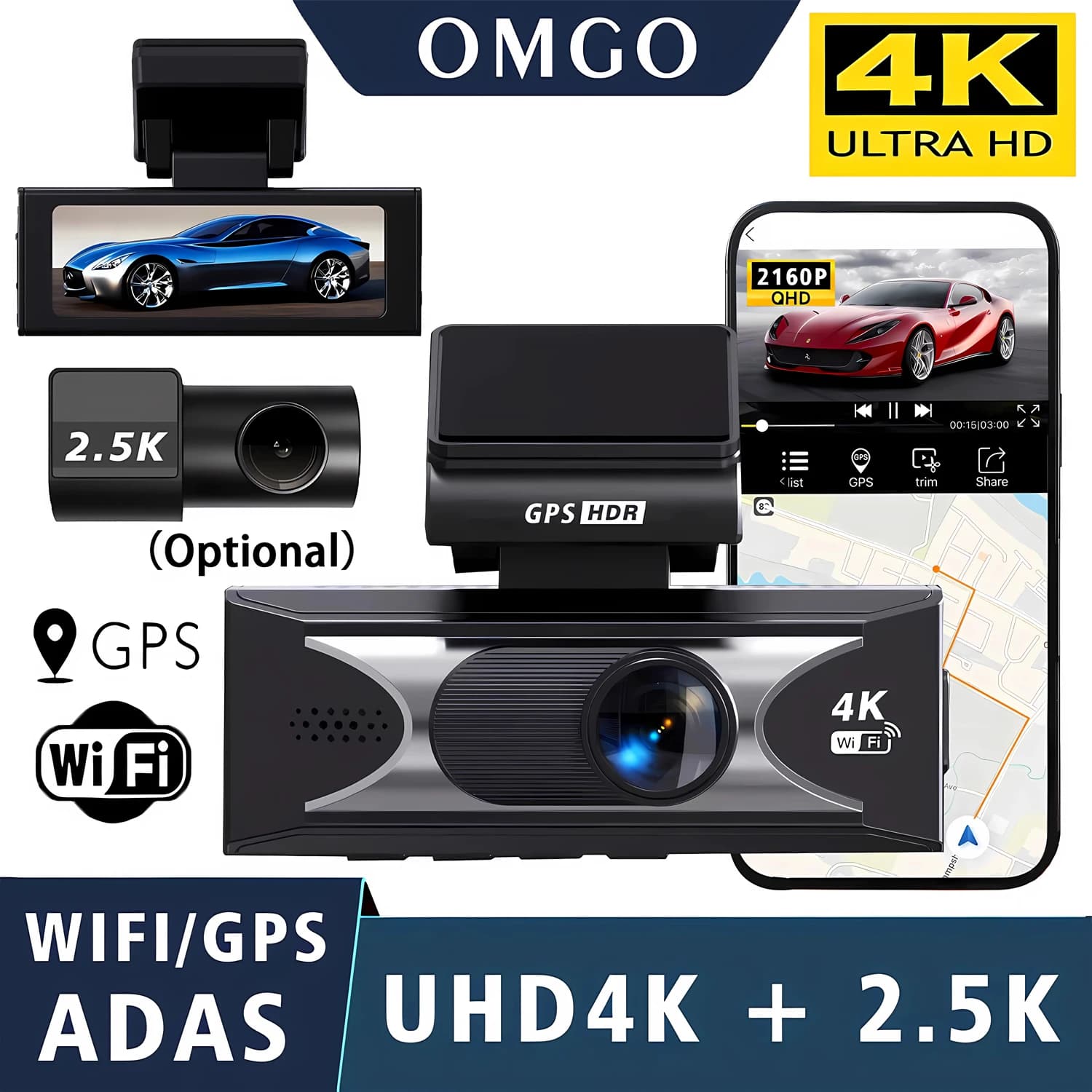 Dash Cam a doppia lente 4K + 2.5K 3840*2160P Telecamera da cruscotto WiFi/GPS integrata per auto con monitor di parcheggio 24 ore HDR Visione notturna Scatola nera