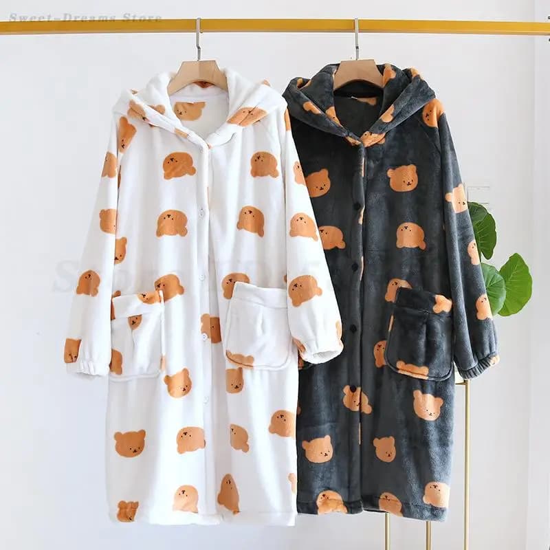 Cartoon Camicia da notte con cappuccio Abito allentato Donna Orsetto carino Stampato Accappatoio Kimono Indumenti da notte Autunno Inverno Nuovi vestiti per la casa Pigiama