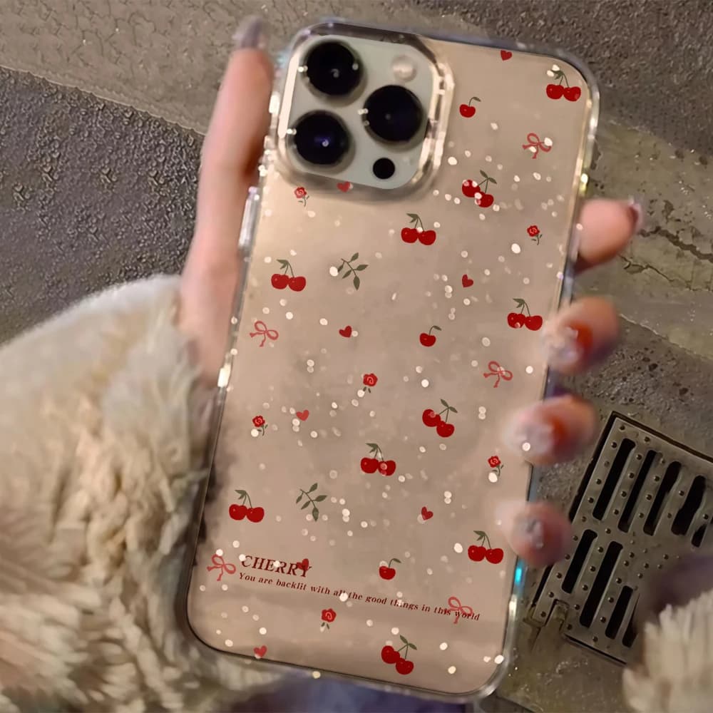 Simple cherry Flowers Clear Glitter Phone Case For iPhone 17 15 13 16 12 11 14 Pro Max 17 Air XR X 16e Cases Shockproof Cover