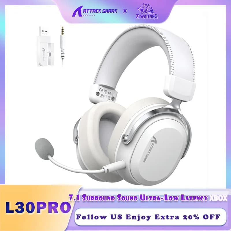 ATTACK SHARK L30 Pro Wireless Gaming Headphones with 2.4Ghz/BT/Cavo, Long Battery Life with Stackable Microphone, Audio Surround 7.1