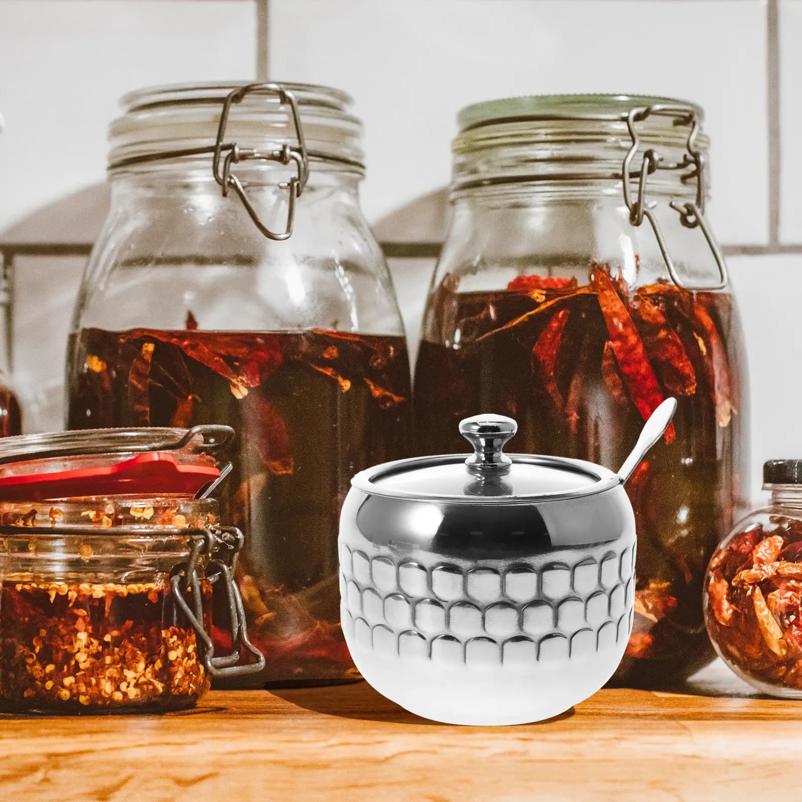 Stainless Steel Seasoning Jar Set with Lid and Spoon for Salt Pepper Sugar Spice Coffee Corn Starch Chicken Broth Powder Modern
