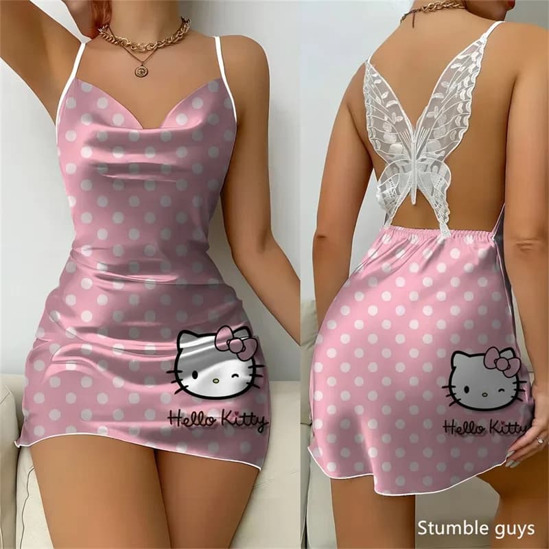 Grazioso Vestito da Notte Hello Kitty per Donne, Abiti Estivi per Ragazze, Gonna con Nodo