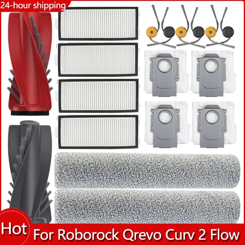 Ricambi per aspirapolvere Roborock Qrevo Curv 2 Flow: spazzola principale, panno, filtri HEPA, sacchetti per la polvere, spazzola laterale e accessori.