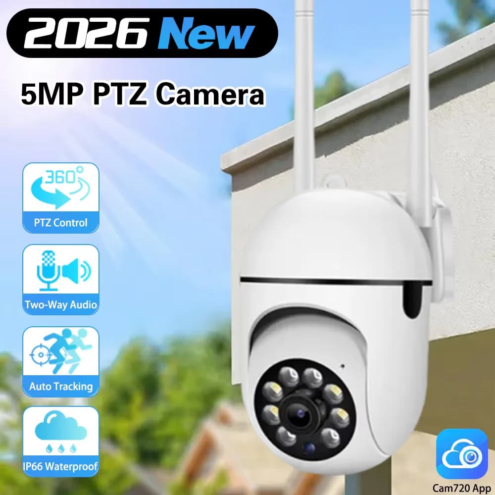 Mini Telecamera PTZ WiFi da Esterno 5MP, Telecamera di Sicurezza Wireless con Tracciamento Automatico, Telecamera Notturna a Colori per Interni, Telecamera di Sorveglianza Cam720 APP