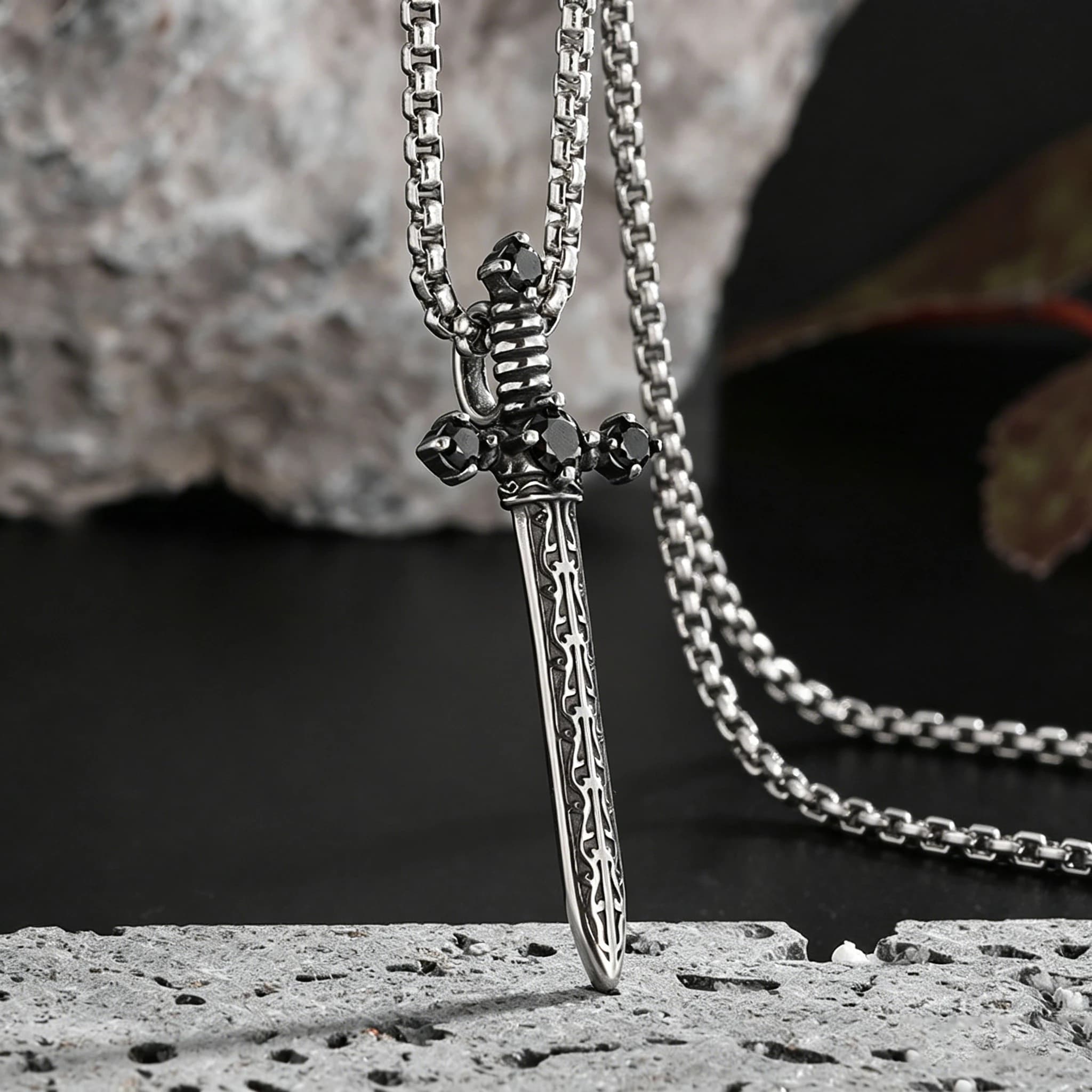 Retro Patterned Cross Pendant Necklace For Men Women Hip Hop Rock Style Black Stone Stainless Steel Box Chain Neck Jewelry Gifts