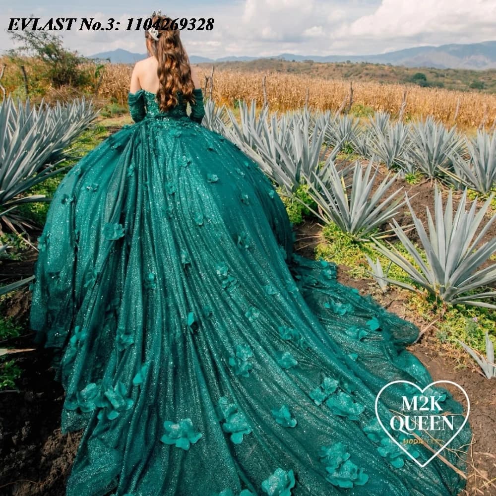 EVLAST Personalizzato Verde Abito Quinceanera Off Spalla Abito di Sfera Applique Floreale Perline Corsetto Dolce 16 Abiti Da 15 Anos E3Q16