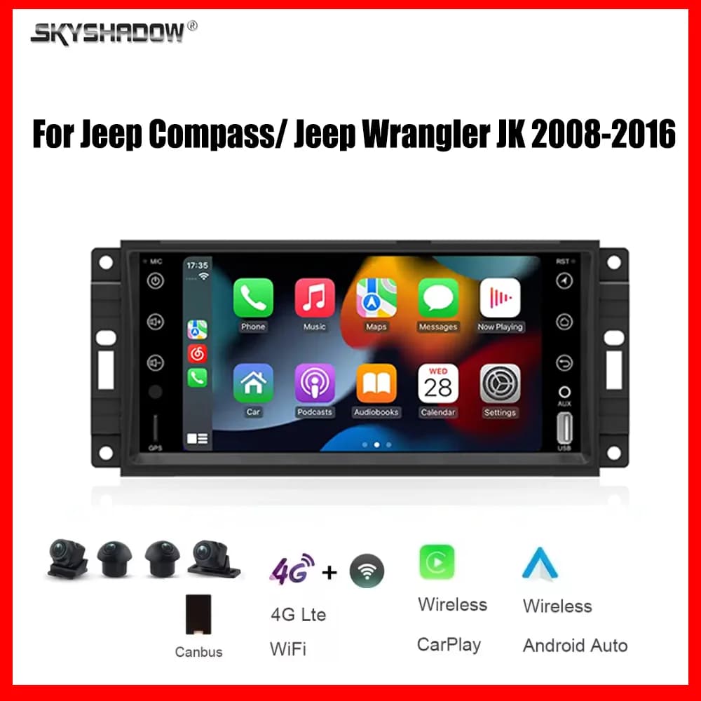 Autoradio multimediale 7" CarPlay Android con 4G, Wi-Fi, Bluetooth, GPS e navigazione per Jeep Compass/Jeep Wrangler JK 2008-2016