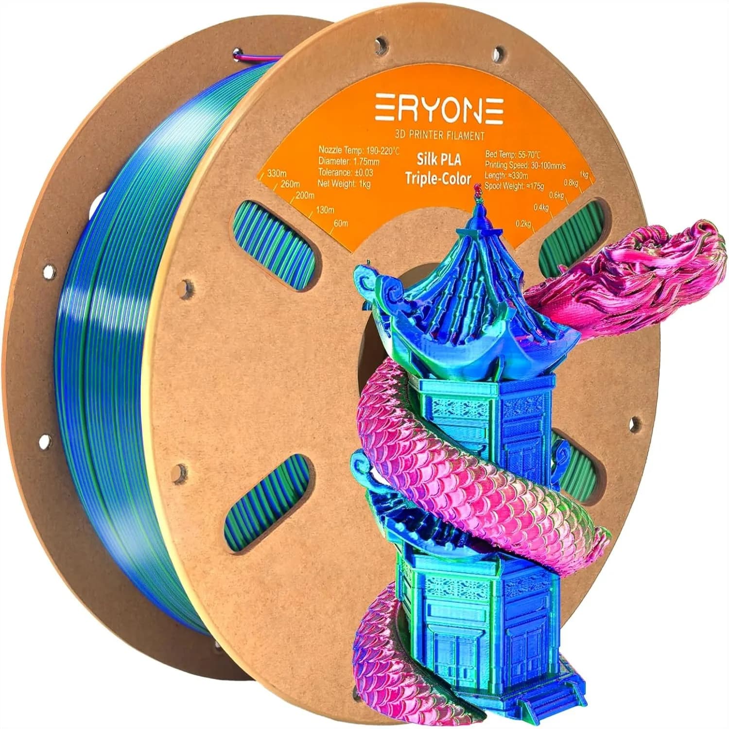 Filamento PLA Tricolore Effetto Seta 1.75mm per Stampante 3D, Bobina PLA Multicolore Coestruso 1KG con Finitura Liscia e Lucida, Rosso Blu Verde