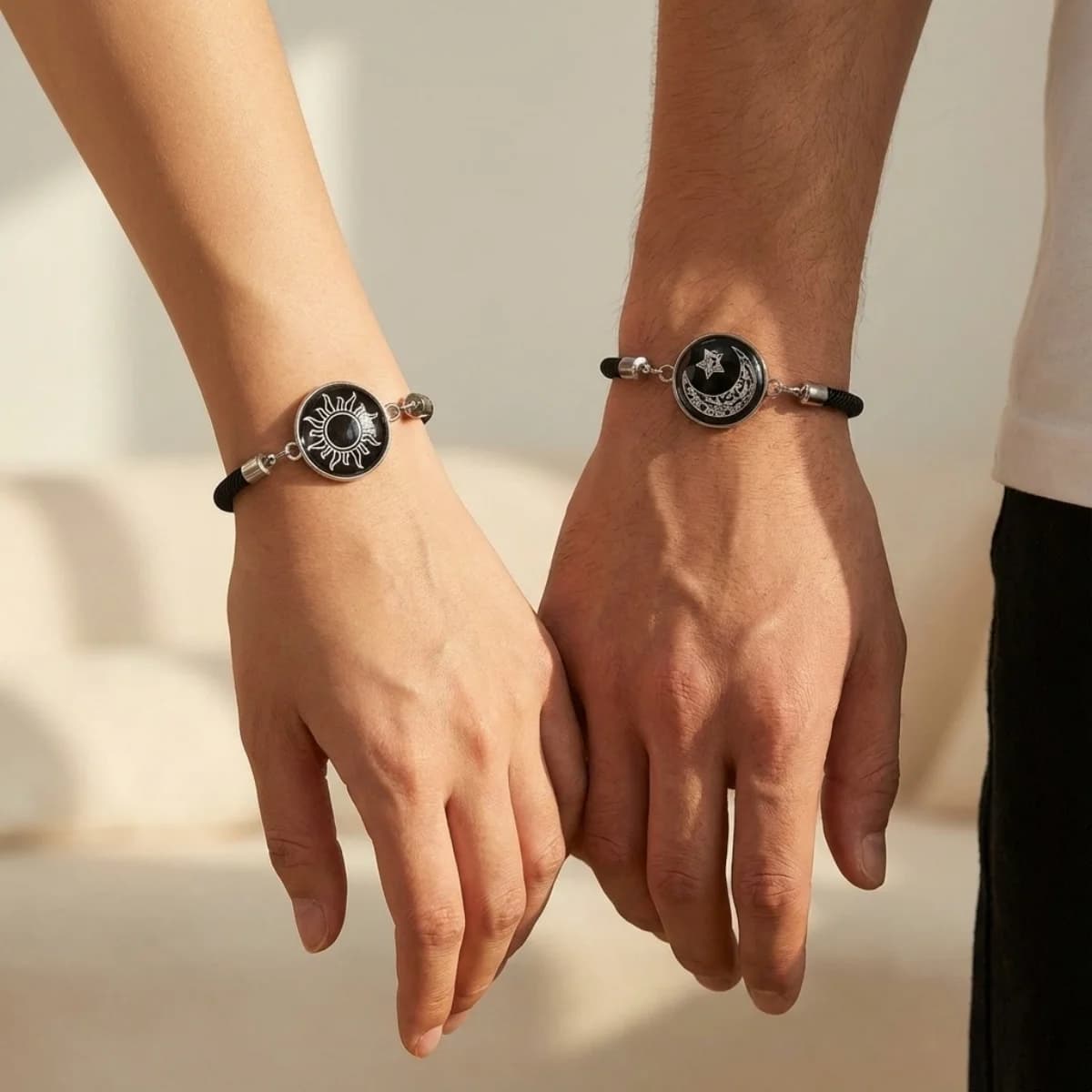 Bracciale per coppia in acciaio inossidabile con motivo sole lunare che si illumina al buio per donna uomo gioielli con braccialetto in corda bianca nera in vetro rotondo luminoso