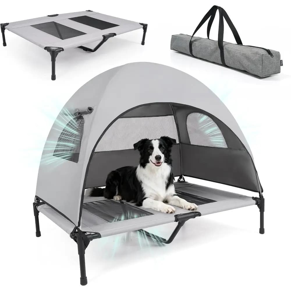Cuccia rialzata per cani da esterno con protezione UV, per animali fino a 35 kg, resistente all'acqua, tenda ventilata in rete per giardino, patio, campeggio