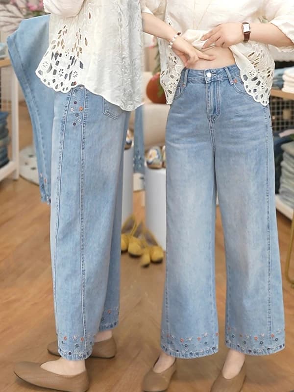 Korean High-End Embroidered Denim Jeans Women's Summer 2026 Fashion Casual Versatile Straight Leg Pants High Waist Pocket