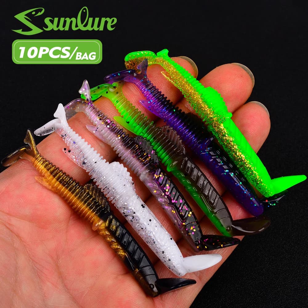 Esche Artificiali Sunlure a Forma di Pesce con Coda a T Filettata, in Silicone Morbido, Oscillanti e Nuotanti, 10 Pezzi/Confezione, per Bass, Trota e Pesca in Mare
