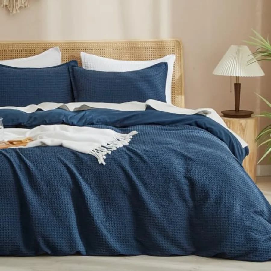 Waffle Weave Duvet Cover Set Queen Size, No Snagging Ultra Soft Luxury Textured Breathable Comforter Cover for All Season 3pcs,