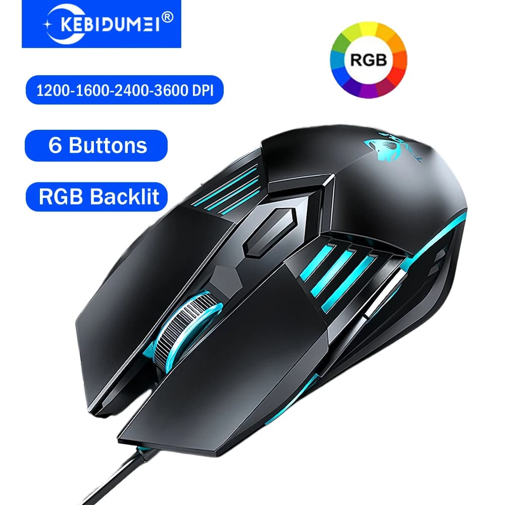 KEBIDUMEI Mouse da gioco cablato RGB 3600 DPI Mouse ergonomico regolabile a 4 livelli 6 pulsanti Mouse ottico USB per Mac Laptop Windows