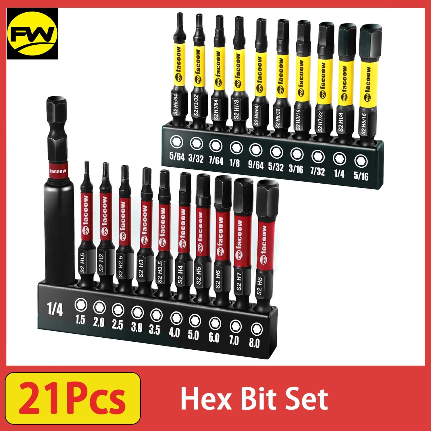 Set of 21-piece hexagonal tips, set of S2 alloy steel tile keys set with magnetic tips, set of 2" impact brown keys with 1/4 hexagonal cod