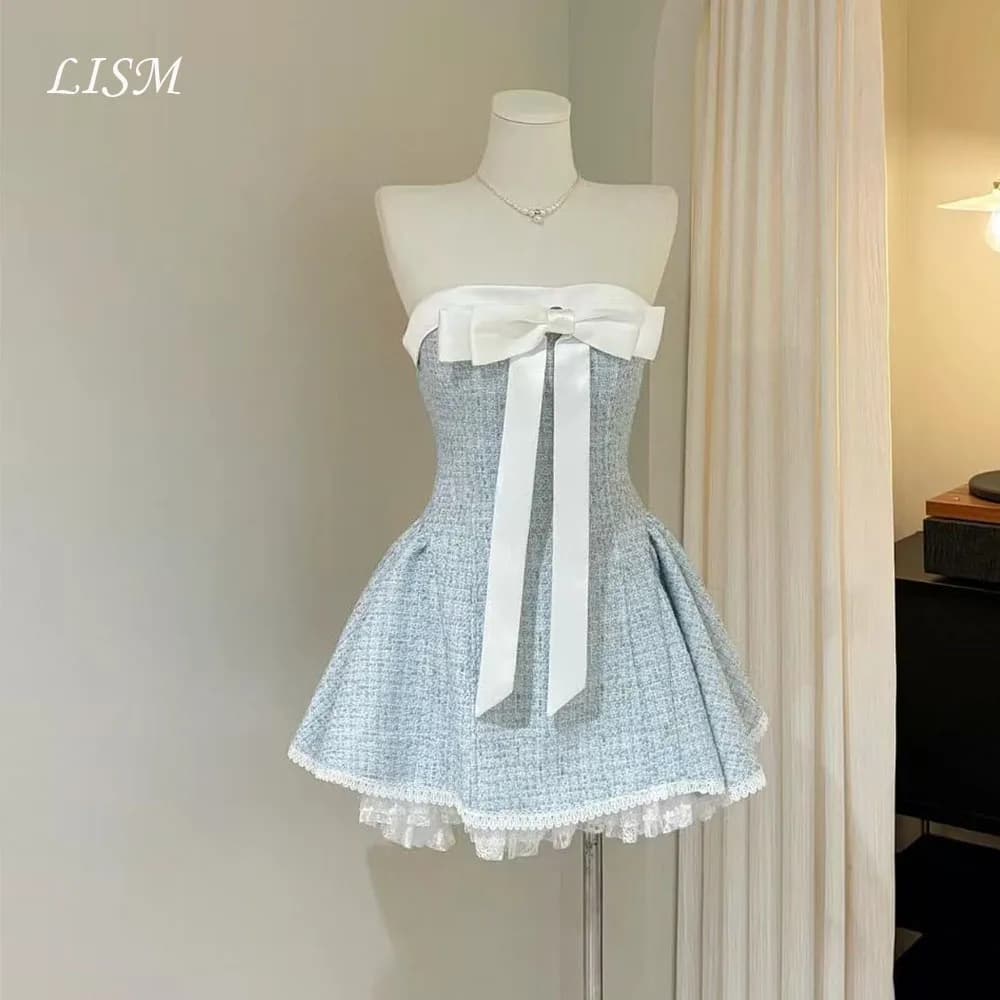 LISM Sweet Spliced Butterfly Knot One Shoulder Puffy Skirt Lace Trim Dress Vietnamese Niche Style Polyester Cotton Short Dress