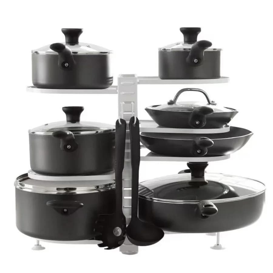 Stainless Steel Pots and Pans Organizer 8 Adjustable Shelves Steel White Designed to Help with Countertop or Cabinate Lid Organ