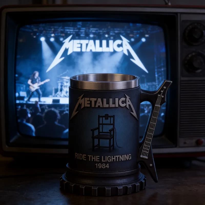 Boccale da Birra Metallica Ride The Lightning 1984 con Manico a Forma di Chitarra, Boccale in Acciaio Inossidabile per Fan di Metallica e Regali da Bar