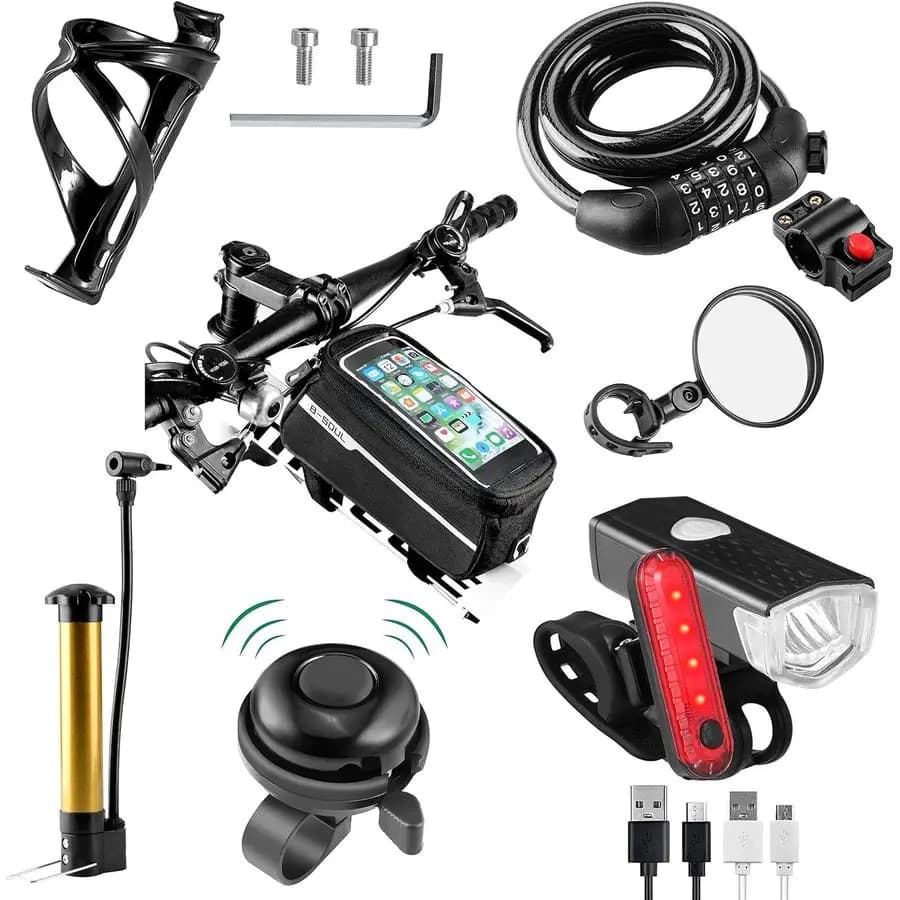 Bicycle Accessories Set, USB Rechargeable Lights, 1 Bottle Holder, Bicycle Bag and 1 Aluminum Bicycle