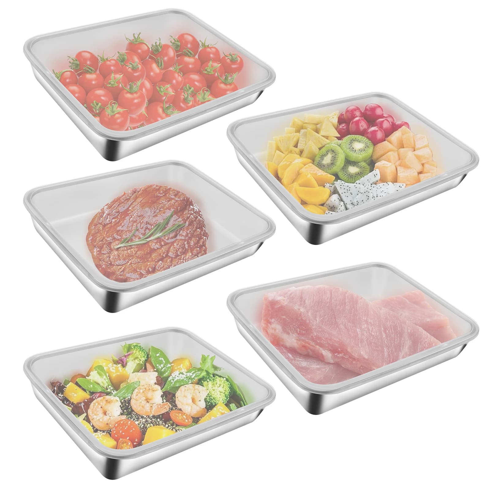 5PCS Stainless Steel Food Storage Container with Lid for Fridge Fruit Container Airtight Crisper Box for Vegetable Meat Cookie