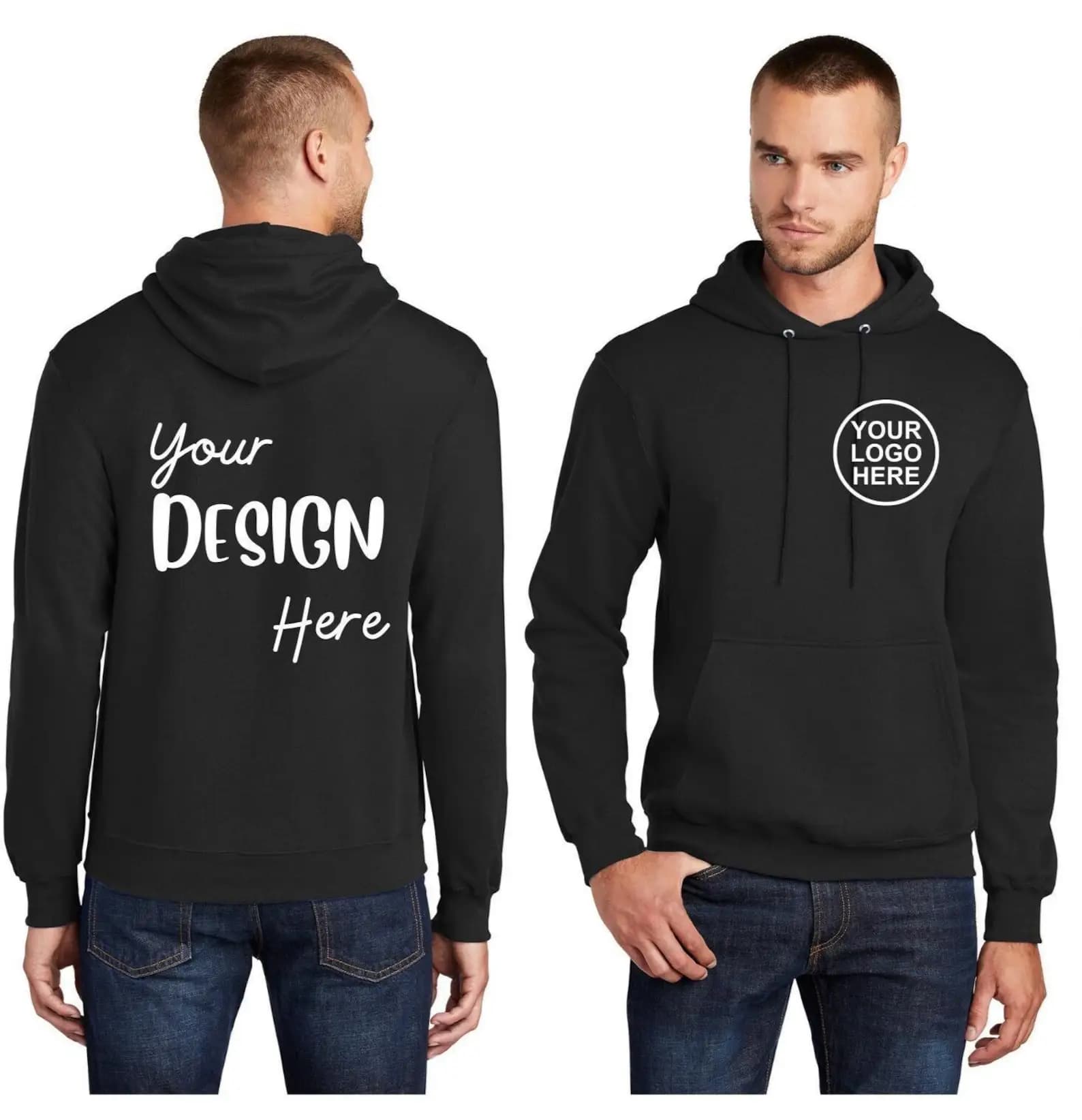 Felpe con cappuccio slim fit personalizzate da uomo con logo, testo, foto e design unico, con tasca e coulisse.