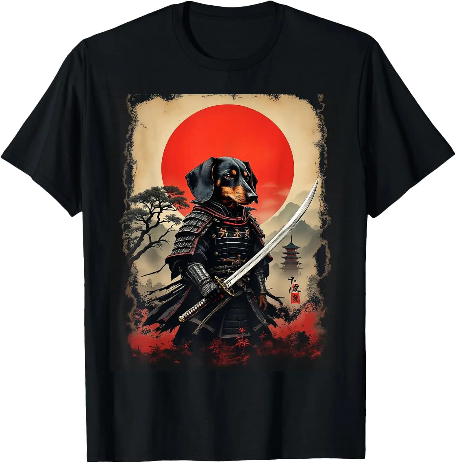 Samurai Dachshund Art T-Shirt 100% Cotton Trendy Y2K Short-Sleeve Tee-Soft, Quick-Drying, Moisture-Wicking; Ideal Sports Casual