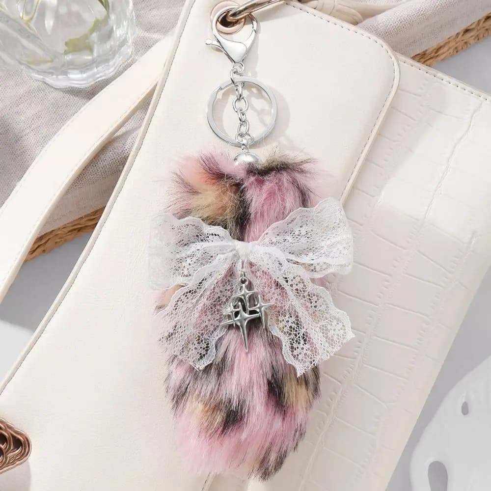 Cute Y2K Style Fluffy Tail Keychain Leopard Print DIY Bag Charm Lace Bow Gift Bag Pendant Backpack Decoration