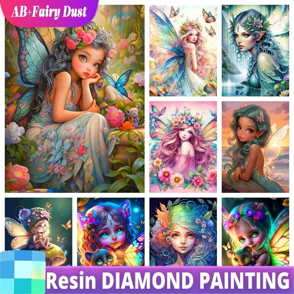 Resin Fairy Dust AB Momoart 5D Elfe Diamond Embroidery Woman Portrait Cross Stitch DIY Butterfly Flower Spirit Mosaic Wing