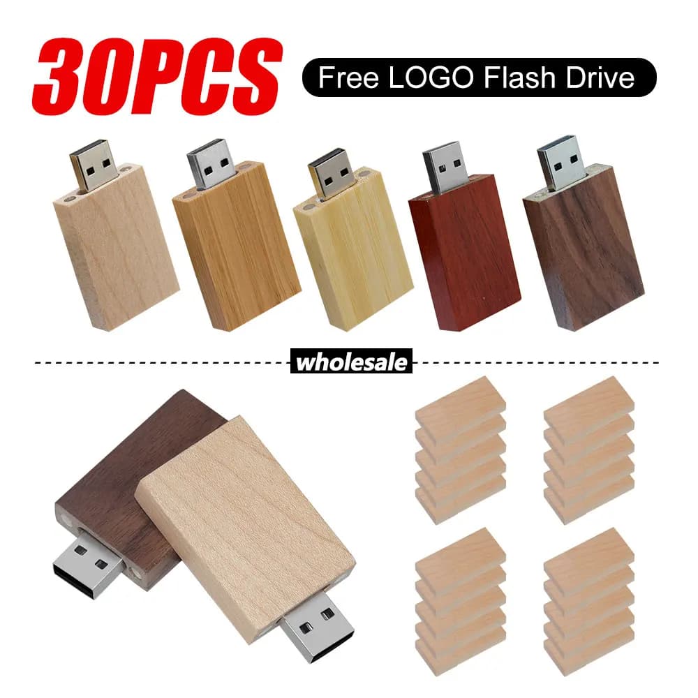 30 pezzi/lotto Chiavette USB 2.0 in legno 128GB 64GB con logo personalizzato gratuito, scatola in legno d'acero, memory stick 32GB 16GB, chiavetta USB per laptop