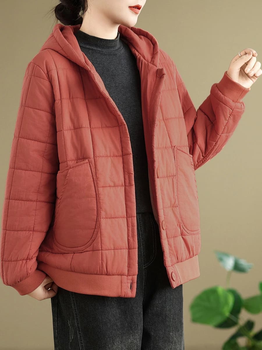 Giacca Invernale Imbottita in Cotone per Donna, Cappotto Casual a Quadri con Cappuccio, Caldo ed Elegante, Stile Pendolare, Manica Lunga, Chiusura con Bottone Singolo