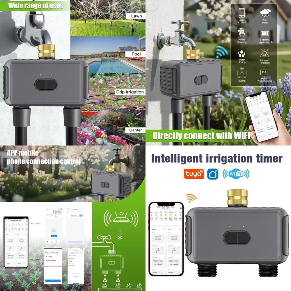 WAP01 WiFi APP Control Dual Hose Water Timer Smart 2 Outlets Sprinkler Timer Garden Watering System Drip Irrigation