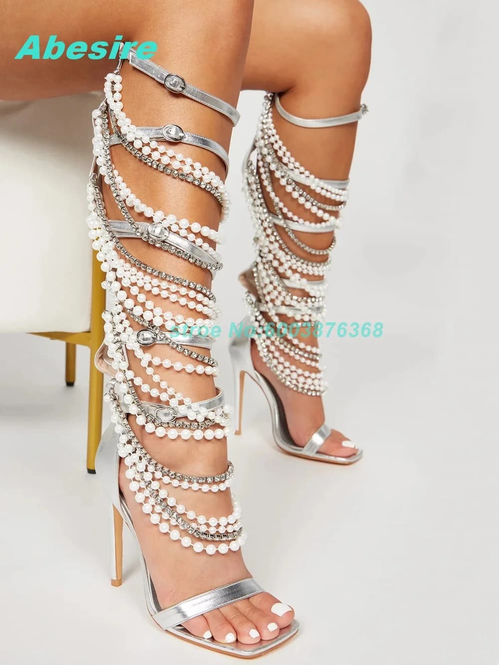 Sandals Boots with Pearls and Crystals Strap, Open Toe, Tacco Sottile, Multi-Fibbie, Women's Fashion Shoes, New Collection