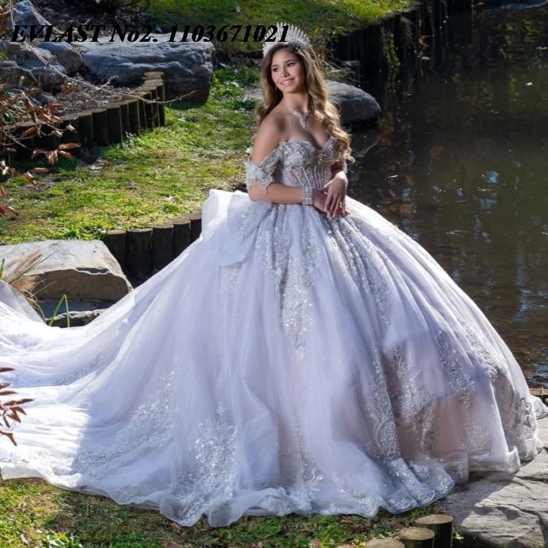 EVLAST Personalizzato Glitter Argentato Abito Quinceanera Abito di Sfera Paillettes Applique di Pizzo Che Borda Dolce 16 Abiti 15 Anos E2QA236